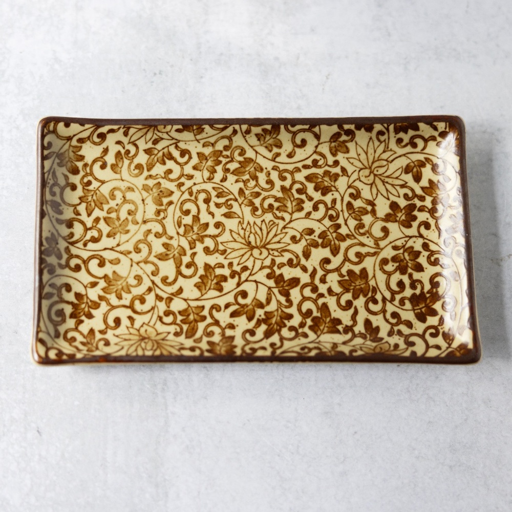 Sound Collection Japan vintage ceramic rectangular sushi plate brown floral 8.5"